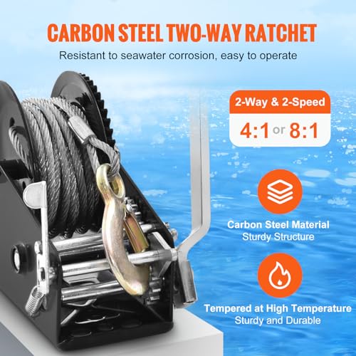 VEVOR Hand Winch, 3500 lbs Pulling Capacity, Boat Trailer Winch Heavy Duty Rope Crank with 33 ft Steel Wire Cable and Two-Way Ratchet, Manual Operated Hand Crank Winch for Trailer, Boat or ATV Towing - style: 3500lbs