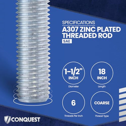 Conquest A307 Zinc Plated Threaded Rod 1-1/2"-6 x 18, - size: 1-1/2"-6 x 1.5'