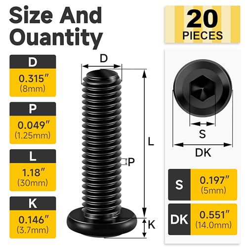 Mywish M8 x 30mm 20Pcs Flat Head Hex Socket Cap Screws Bolts, 304 Stainless Steel Furniture Bolts Full Thread, Black Oxide & Hex Spanner - color: Black-M8, size: 30mm