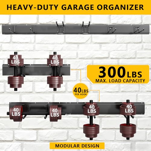 Garage Tool Organizer Wall Mount, 48inch Heavy-Duty Garage Storage System and Garden Tool Organizer with 9 Adjustable Hooks for Shovel, Snowboard, Yard Tools and Shed - size: 48"-9hooks