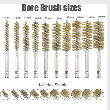 10 Pack Bore Brush for Drill, Brass Bore Brush Drill, Stainless Steel Bore Cleaning Brush Set 1/4 Inch Hex Shank for Power Drill Impact Driver