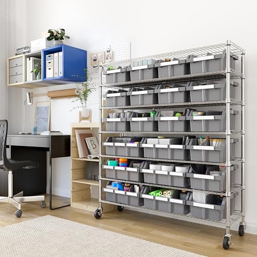 7-Tier NSF 21-Bin Steel Wire Shelving Rack, 48"W x 14"D x 56"H, Gray - color: Gray, size: Includes 21 Bins