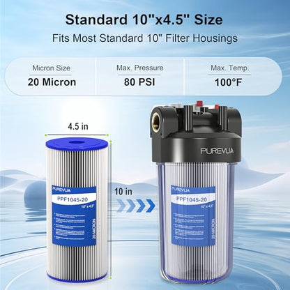 10" x 4.5" Pleated Sediment Water Filter Cartridge 20 Micron 4-Pack