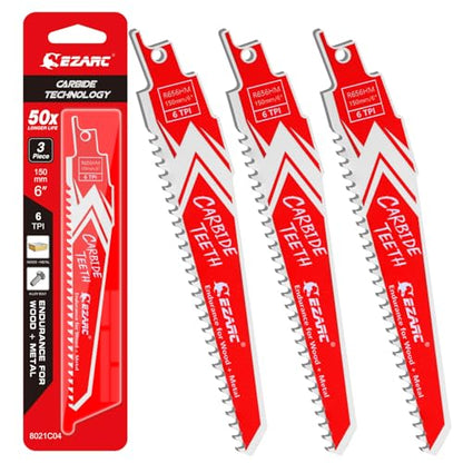 EZARC Carbide Reciprocating Saw Blades, 6-Inch 6TPI, Wood, Metal, 3-Pack - size: 6 Inch, style: 6 TPI