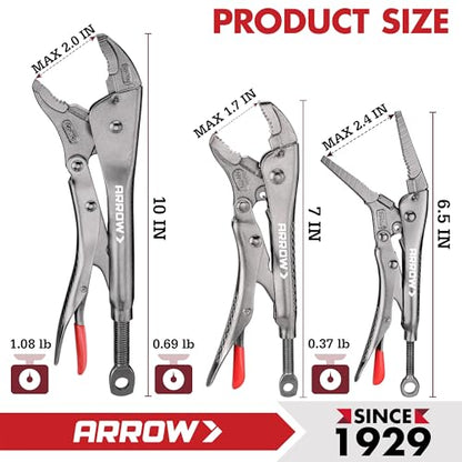 ARROW 3PCS Locking Pliers Set with Long Nose and Curved Jaw - size: 6.5&7&10inch