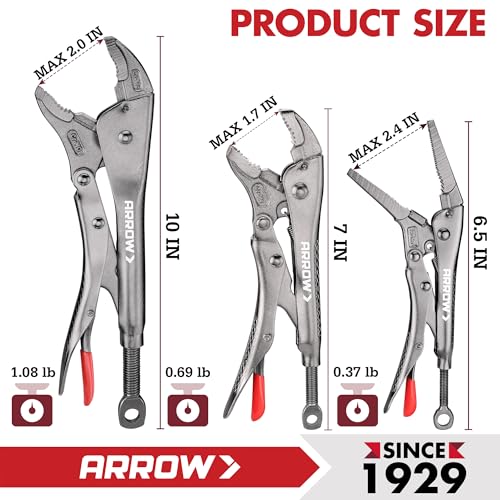 ARROW 3PCS Locking Pliers Set with Long Nose and Curved Jaw - size: 6.5&7&10inch