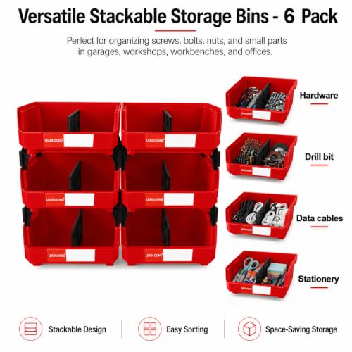6 Pack Stackable Storage Bins Heavy Duty Parts Organizer Red - color: Red-6 Pack, size: 11"x11"x5"