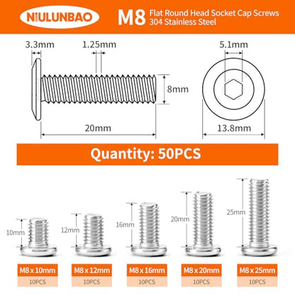 M8 x 10mm 12mm 16mm 20mm 25mm Flat Round Head Hex Socket Cap Screws Bolts, Furniture Screws, 304 Stainless Steel, Allen Hex Drive, Metric Fully Threaded, Bright Finish, Assortment Kit 50PCS - size: M8 x 10/12/16/20/25mm (50PCS)