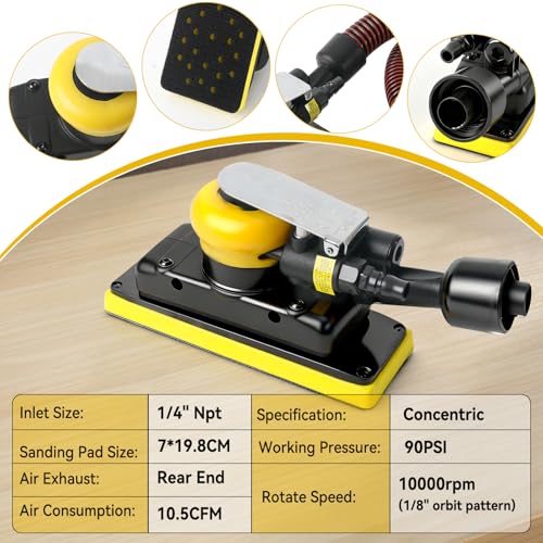 Pneumatic Random Orbital Sander, 70 mm x 198 mm 1/8" vacuum Air Sanderr, 10,000 Max OPM Dust Bag Style with Extra Hook-Loop Pad and 30pcs (80/120/180/240/320/400) Mesh Sandpapers