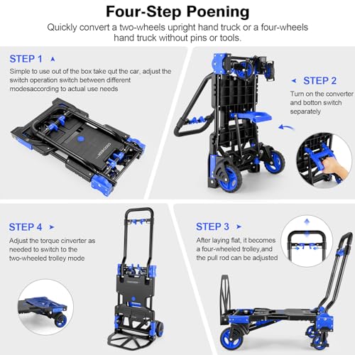 Folding Hand Truck Dolly, 330lb Convertible 4 to 2 Wheel Moving Cart, Blue - size: 330LB Blue
