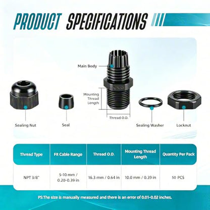 50 Pcs 3/8" NPT Cable Glands Waterproof Strain Relief Connector - color: 50 Pcs 3/8" NPT