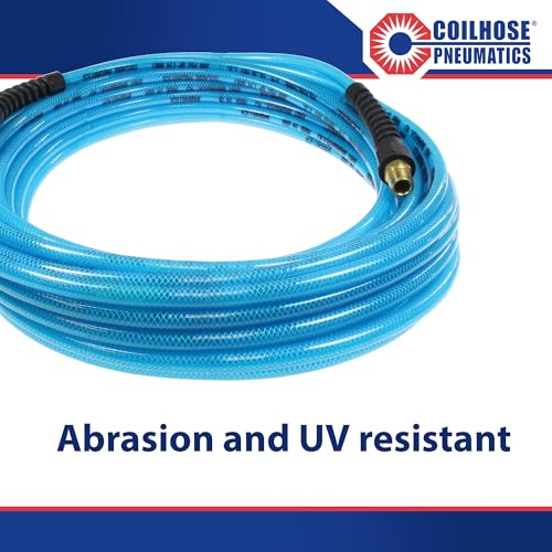 Coilhose Pneumatics PFE61004T Flexeel Reinforced Polyurethane Air Hose, 3/8-Inch ID, 100-Foot Length with (2) 1/4-Inch MPT Reusable Strain Relief Fittings, Transparent Blue - color: Transparent Blue, size: 3/8" X 100 Feet, 1/4" FTG