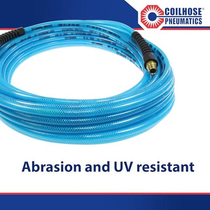 Coilhose Pneumatics PFE61004T Flexeel Reinforced Polyurethane Air Hose, 3/8-Inch ID, 100-Foot Length with (2) 1/4-Inch MPT Reusable Strain Relief Fittings, Transparent Blue - color: Transparent Blue, size: 3/8" X 100 Feet, 1/4" FTG