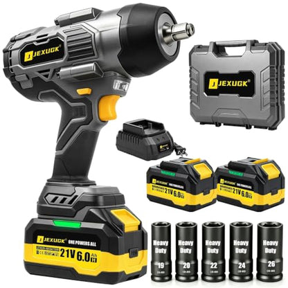 JEXUGK 2200Nm Cordless Impact Wrench, 1/2" Electric Impact Gun with 2 x 6.0Ah Batteries, 21V Brushless High Torque Impact Wrench with 5 Pneumatic Sockets, Impact Driver for Truck Tire Lug Nut Removal