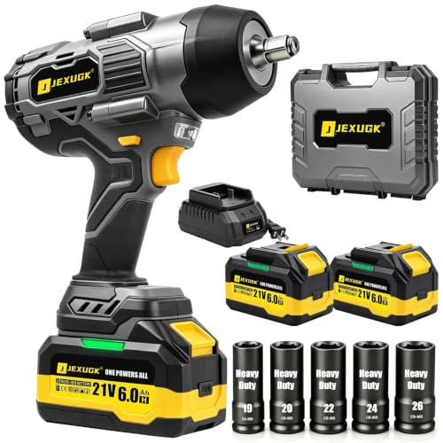 JEXUGK 2200Nm Cordless Impact Wrench, 1/2" Electric Impact Gun with 2 x 6.0Ah Batteries, 21V Brushless High Torque Impact Wrench with 5 Pneumatic Sockets, Impact Driver for Truck Tire Lug Nut Removal