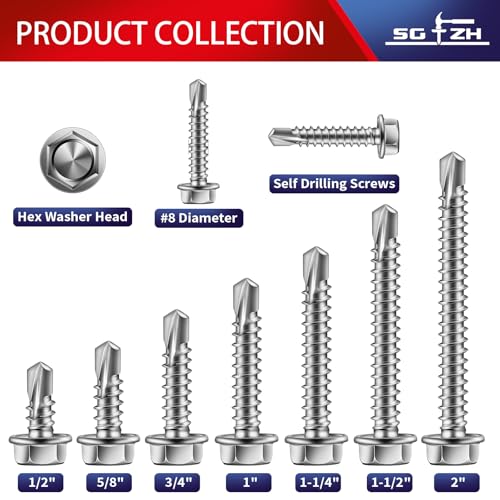 #8 x 1-1/2" Self Drilling Screws (131Pcs) Hex Washer Head 410 Stainless Steel Self Tapping Screws for Metal Sheet Metal Screws with Hex Socket Included - color: Silver, size: #8 x 1-1/2"