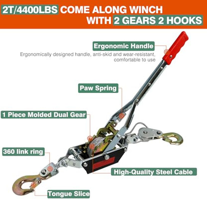 4410lbs Come Along Winch,2T Pulling Capacity,12ft Steel Cable - size: 2 Ton