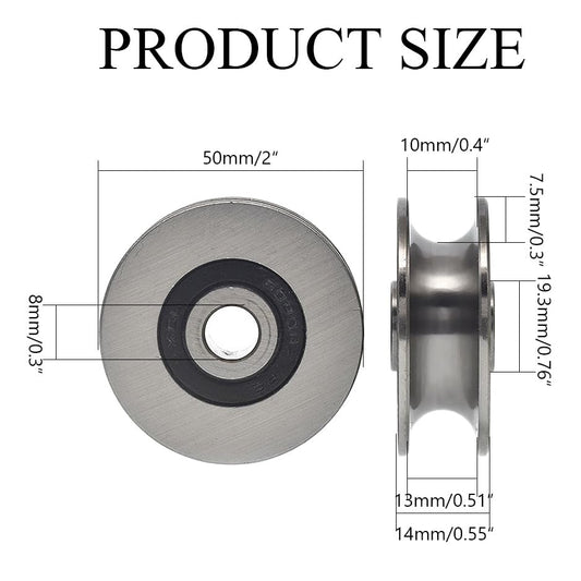 Stainless Steel Deep U-Groove Ball Bearing Pulley, Metal Pulley, Wheel Bearings, Wire Rope Pulley 8mm/0.3" Inner Dia,Outside 50mm Diameter - size: 50MM