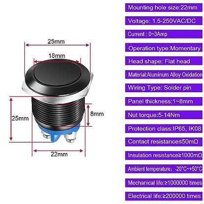 Gebildet 2pcs 22mm 3A/12V 24V 36 DC 110V 250VAC 1NO SPST Momentary Push Button Switch IP65 waterproof Aluminium Alloy Shell Screw Terminal (Black Shell) - color: Black shell