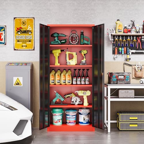 72 Inch Metal Cabinet,Lockable Storage Cabinet with 2 Doors and 4 Adjustbale Shelves,Tall Tool Cabinet Cabinet for Garage,Basement,Home Office,Gym(Red & Black) - color: Black Red, size: 72"H x 36"W x 18"D