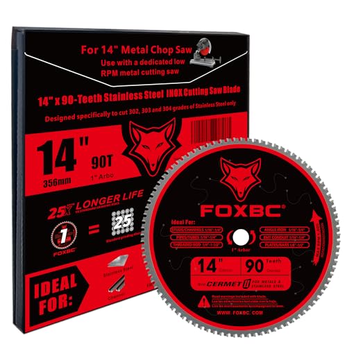 FOXBC 14 Inch Stainless Steel Metal Cutting Saw Blade 90 Tooth for Evolution 14 Inch Metal Saw and Other Low RPM saws, Cermet Carbide Up to 5X Longer Life - size: Stainless Steel