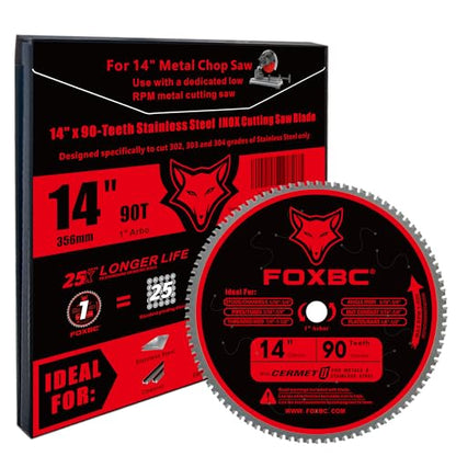 FOXBC 14 Inch Stainless Steel Metal Cutting Saw Blade 90 Tooth for Evolution 14 Inch Metal Saw and Other Low RPM saws, Cermet Carbide Up to 5X Longer Life - size: Stainless Steel