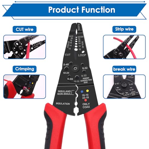 smseace Red Wire Crimping tool Wire crimper,stripper and cutter for insulated/Bare/Heat Shrink connectors(22-10 AWG) Multifunctional Cable Stripper and Crimping tool - color: Red&black