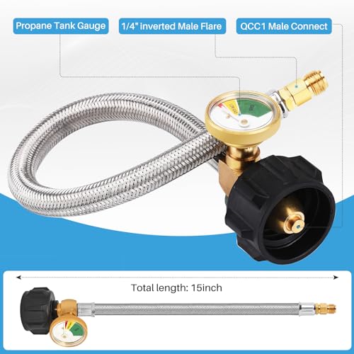 2 Pack 1/4" Inverted RV Propane Pigtail Hose with Gauge, 15inch