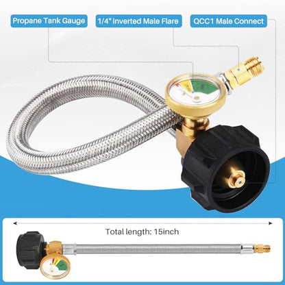 2 Pack 1/4" Inverted RV Propane Pigtail Hose with Gauge, 15inch