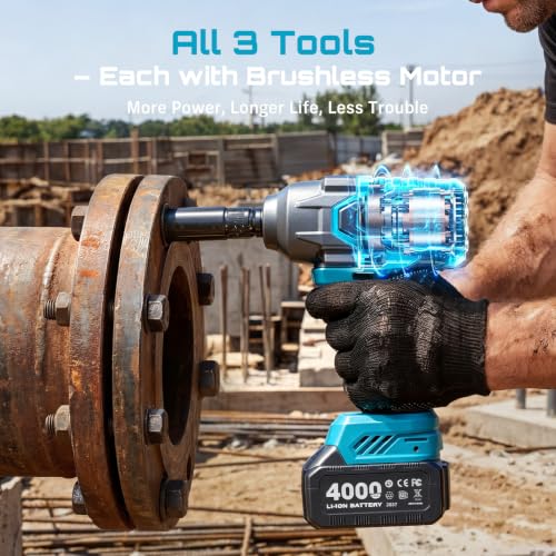 Seesii Impact Wrench Drill Driver,Power Tool Combo Kit For Car Home DIY - color: Light Blue 1000n.m + Two Batteries