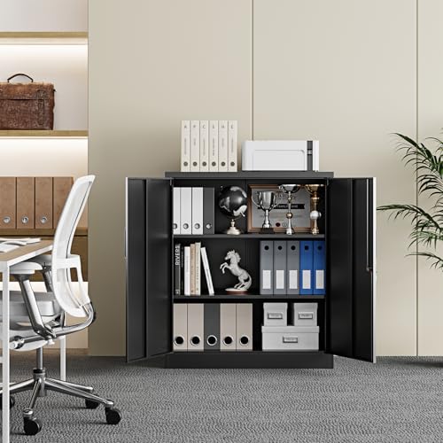 Yizosh Metal Garage Storage Cabinet with 2 Doors and 2 Adjustable Shelves - 35.5" Steel Lockable File Counter Cabinet for Home Office,Garage,Gym,School（Black） - color: Black, size: 2 Door - 35.5"H
