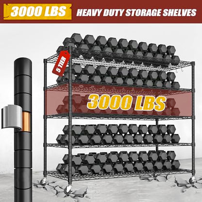 PrimeZone 5 Tier 80.7"H x 55.5"W x 24"D Wire Shelving with Wheels 3000lbs - size: 55.5" W x 24" D x 80.7" H