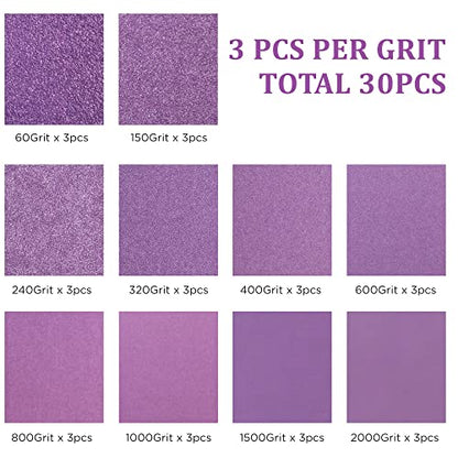 LotFancy 60 to 2000 Grit Sandpaper Assortment, 30PCS 9 x 11” White Fused Alumina Wet Dry Sanding Sheets, for Automotive Metal Sanding Polishing, Wood Finishing, Purple - size: Assorted Grit