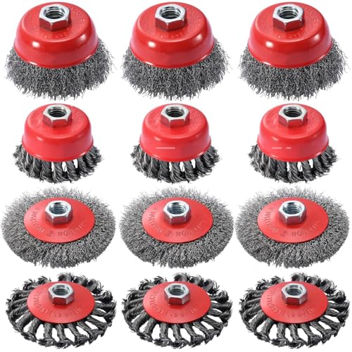12 Pack Wire Wheel for Angle Grinder, 4-1/2" Heavy Duty Carbon Steel Knotted Wire Brush, 5/8"-11 Arbor, Rapid Rust Removal & Polishing, Angle Grinder Wheel Brush Combo Set