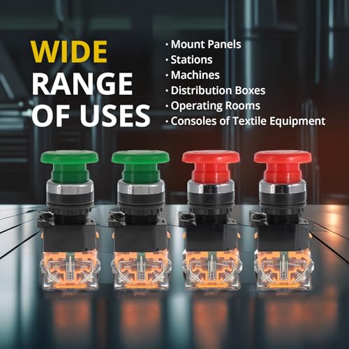 Emergency Push Button Switch, Green&Red Mushroom Head, for Home or Industrial Equipment, Operating Rooms, Distribution Boxes, NO NC, 22mm, Stay-Put (4 Pack, 2 Green & 2 red) - size: 2 Green + 2 Red, style: Stay-put