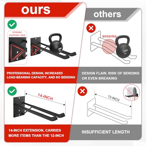 14" Large Heavy Duty Garage Hooks, Steel Garage Storage Hooks with Support Rods, Utility Wall Mount Hangers for Power Tools, Car Tires, Ladders, Chairs, Garden Tools and More (2-Pack 14" Heavy Hooks) - size: 2-Pack 14" Heavy Hooks