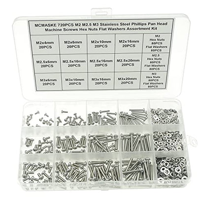 720PCS 304 SS Metric M2-M3 Pan Head Machine Screws Nuts Washers Kit - size: M2, M2.5, M3