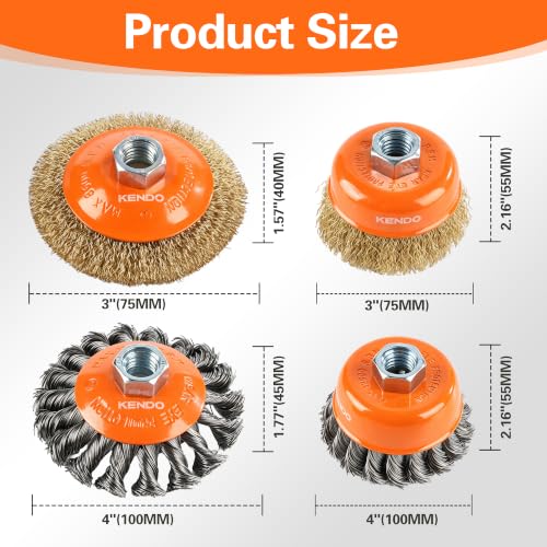 KENDO 6Pcs Wire Brush for 4-1/2" Angle Grinder,Twist Knotted Wire Wheel - color: Orange