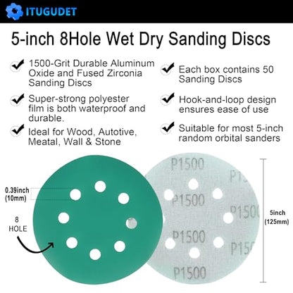 5 Inch 8 Hole P1500 Grit Zirconia Wet Dry Sanding Discs - 50 Pack - size: 1500 Grit