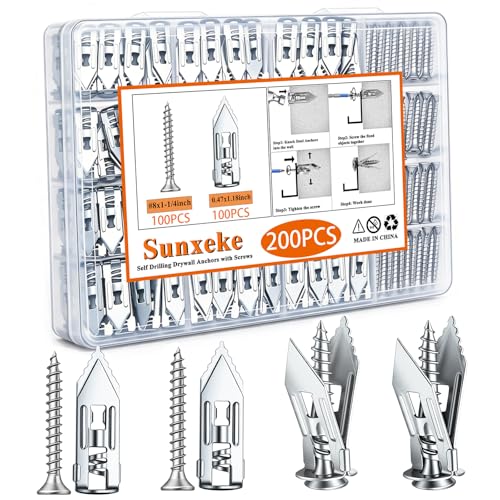 200 Pcs Self Drilling Drywall Anchors with Screws,100 Sheetrock Anchors (0.47x1.18 Inch) &100 Zinc Expansion Screws,Upgraded Zinc Plated Steel,No Drill Needed,Perfect for Wall Hanging(Sliver） - color: 200PCS-0.47x1.18 inch-Silver