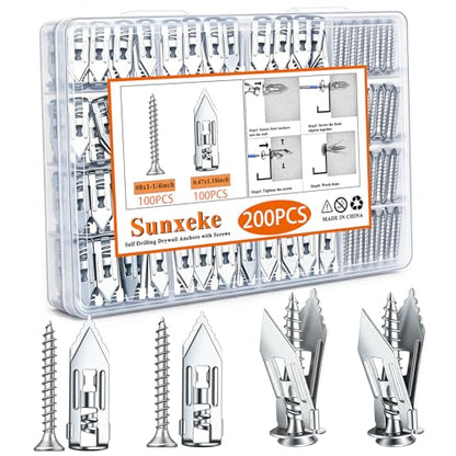 200 Pcs Self Drilling Drywall Anchors with Screws,100 Sheetrock Anchors (0.47x1.18 Inch) &100 Zinc Expansion Screws,Upgraded Zinc Plated Steel,No Drill Needed,Perfect for Wall Hanging(Sliver） - color: 200PCS-0.47x1.18 inch-Silver