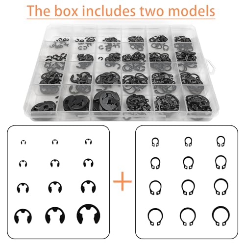 324pcs Carbon Steel Assortment Kit for Retaining Rings, 12 Sizes E-Clips and 12 Sizes C-Clips, Suitable for Fastening Jobs, High Compatibility and Wear Resistance