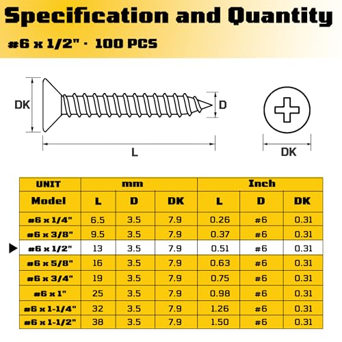 #6 x 1/2 inch Flat Head Wood Screws, 304 Stainless Steel Phillips Drywall Screws and Tapping Screws, High Hardness Screws for Drywall, Sheetrock, Wood (100 pcs) - size: #6 x 1/2"