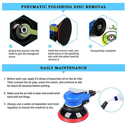 Air Random Orbital Sander 5-inch Dual Action Pneumatic Orbit Orbit Polisher Pro Grinding Sanding Tools Silver - color: Blue / 5"