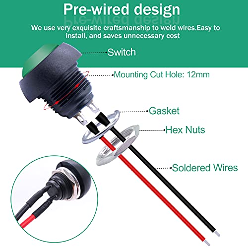 Twidec/6Pcs 12mm Momentary Push Button Switch 1/2" Mounting Hole On Off Mini Round Waterproof Green with Pre-soldered Wires PBS-33B-G-X - color: Green-12mm, size: Momentary
