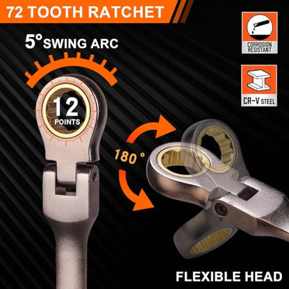 Qnkaa Flexible Ratcheting Wrench Set 12pcs Metric 8-19mm flex head ratchet - style: Metric 12pcs
