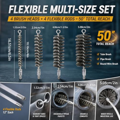 50 Inch Pipe Cleaning Brush Set with Stainless Steel Bristles
