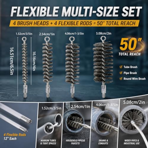 50 Inch Pipe Cleaning Brush Set with Stainless Steel Bristles