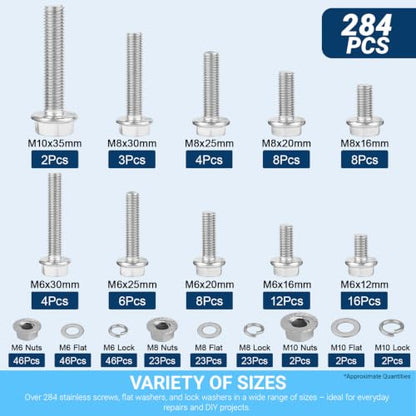 284Pcs M6/M8/M10 Flange Bolt Nut Washer Kit - color: 284pcs M6 M8 M10