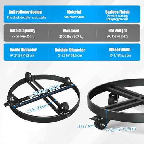 Heavy Duty 55 Gallon Drum Dolly – 2000LB Capacity, Anti Rollover Design with 4 Swivel Casters & 2 Brakes, Double Fork Style for Warehouse/Industrial Use (Black) - size: 24.5x 24.5x 4.5 inches